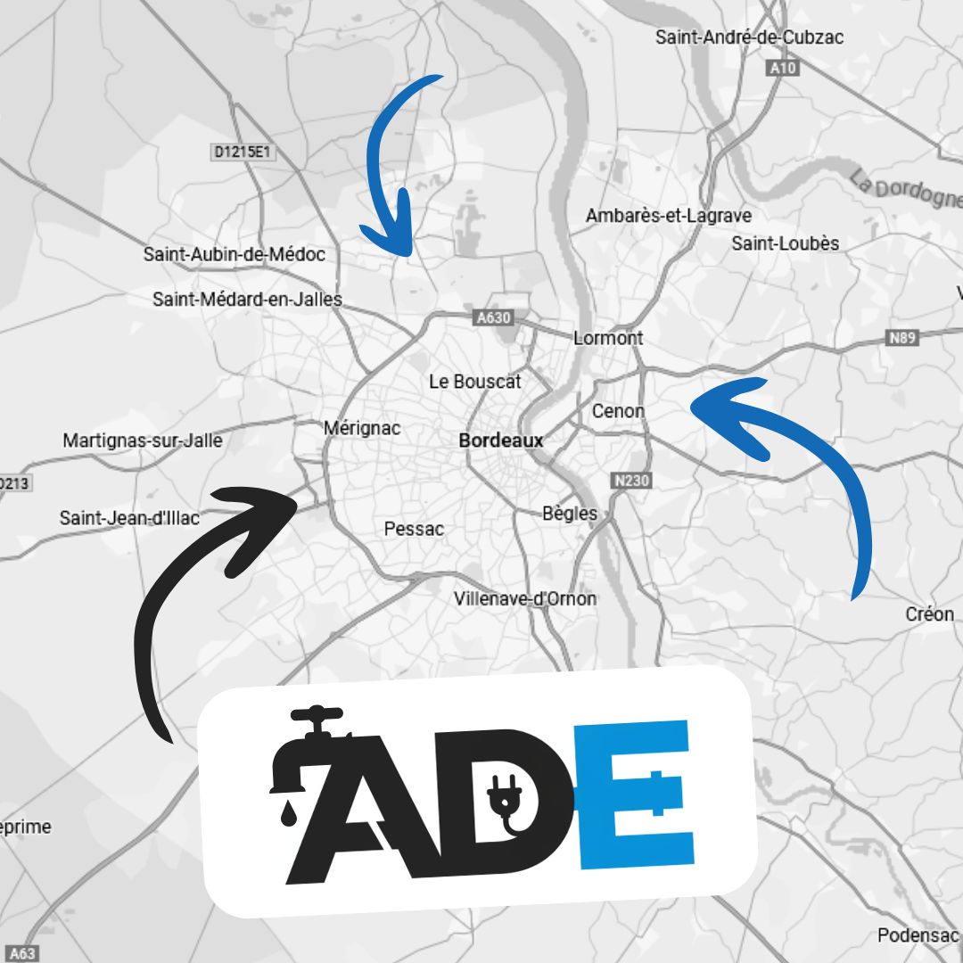 Carte de Bordeaux et de la Gironde avec les zones d’intervention d’ADE Dépannage indiquées par des flèches. Services de plomberie, électricité et chauffage.
